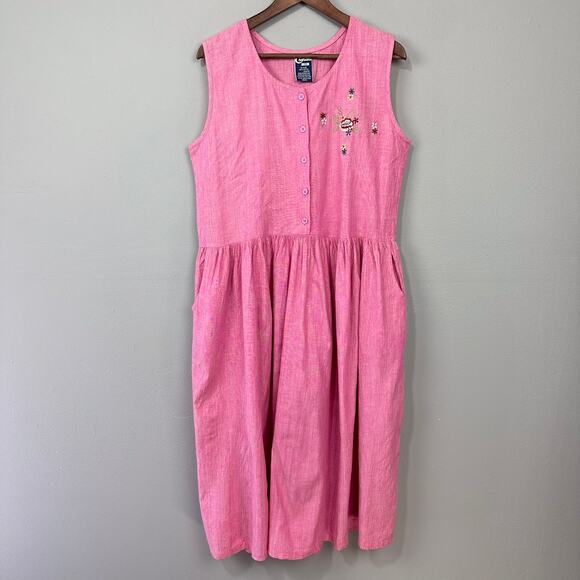Vintage Chambray Dress Size L Pink Floral Embroidered Cottagecore Western Twee‎ - Picture 1 of 8